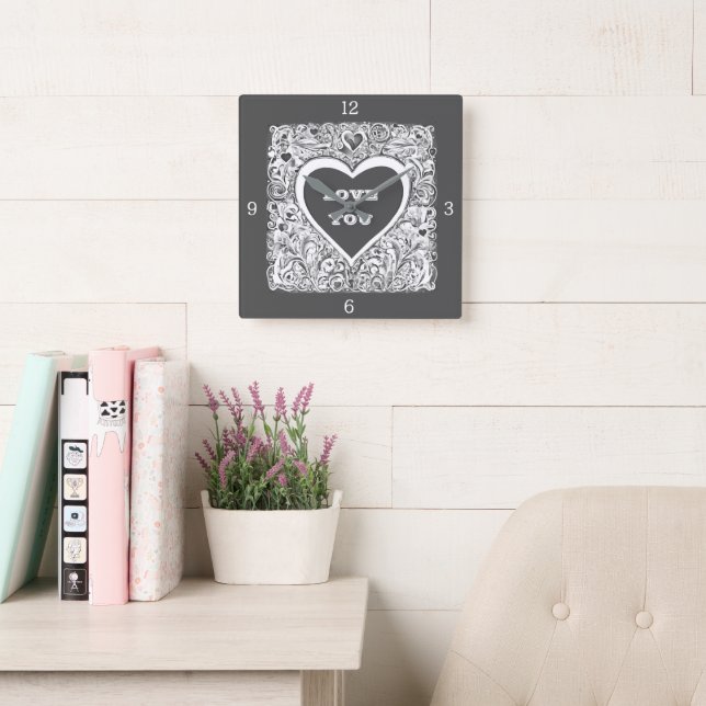 Love You Grey And White Square Wall Clock (Reading Room)