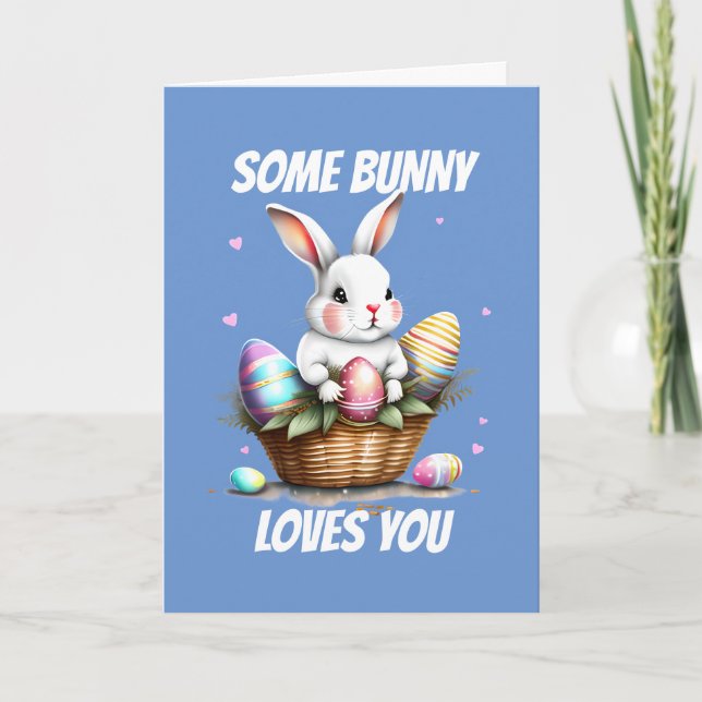 Love you happy white bunny rabbit pun eggs holiday card (Front)