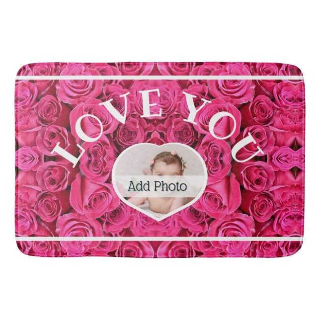 Love You Heart Photo Red Roses Modern Script Cute Bath Mat (Front)