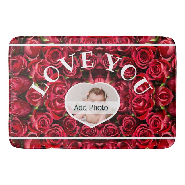 Love You Heart Photo Red Roses Modern Script Cute Bath Mat (Front)