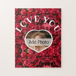 Love You Heart Photo Red Roses Modern Script Cute Jigsaw Puzzle