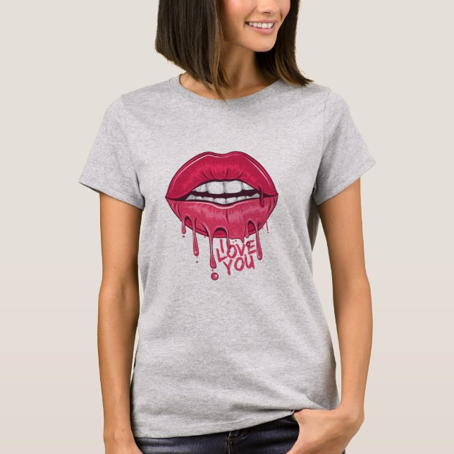 Love You Hot Pink Dripping Lips Womens  T-Shirt (Front)