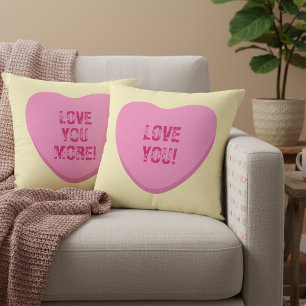 Love You Love You More Pink Candy Hearts on Yellow Cushion