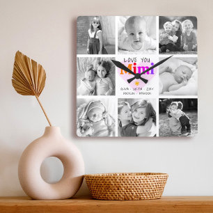 Love You Mimi Colourful Bold Modern 8 Photo Collag Square Wall Clock
