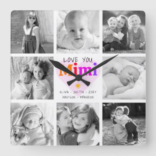 Love You Mimi Colourful Bold Modern 8 Photo Collag Square Wall Clock
