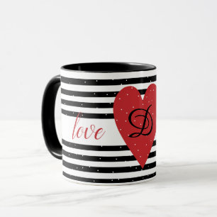 Love You Modern Red Heart Stripes monogram Mug