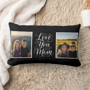 Love You Mom 2 Photo Modern Keepsake black white Lumbar Cushion