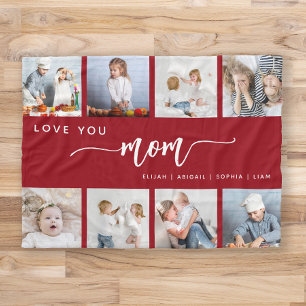 Love You Mom 8 Photo Collage Cranberry Red Fleece Blanket