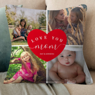 Love You MOM Gifts Photo Collage Cute Heart Script Cushion