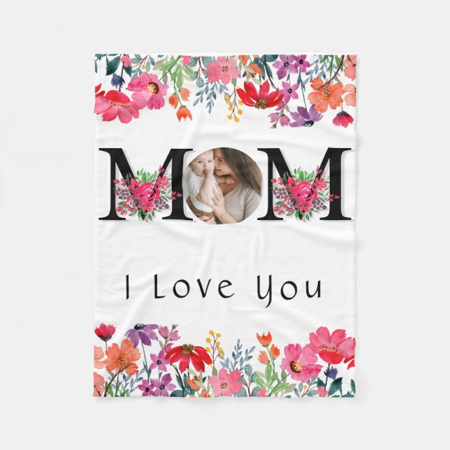 LOVE YOU MOM Happy Mothers Day Photo Personalised Fleece Blanket (Front)