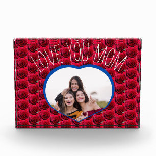 LOVE YOU MOM Red Rose Floral Heart Photo Block