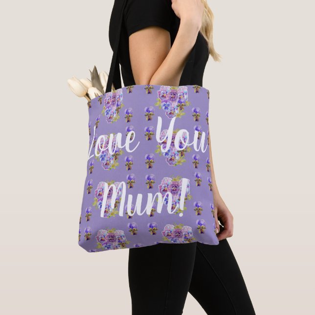 Love You Mom Shabby Purple Pansy Grocery Tote Bag (Close Up)