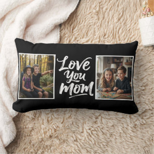 Love You Mom Two Photo Brush Script Keepsake black Lumbar Cushion