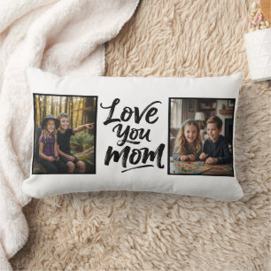 Love You Mom Two Photo Brush Script Keepsake  Lumbar Cushion