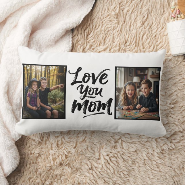 Love You Mom Two Photo Brush Script Keepsake  Lumbar Cushion (Blanket)