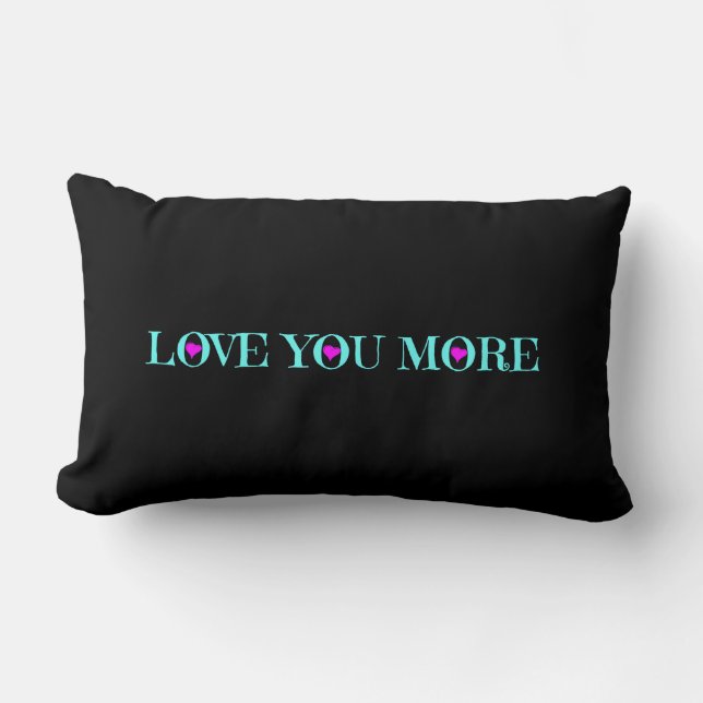 Love You More, Aqua Pink Hearts on Black Lumbar Cushion (Front)