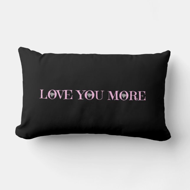 Love You More, Pink Grey & White Hearts on Black Lumbar Cushion (Front)