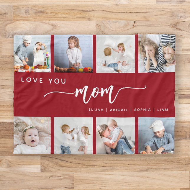 Love You Mum 8 Photo Collage Cranberry Red Fleece Blanket (Creator Uploaded)