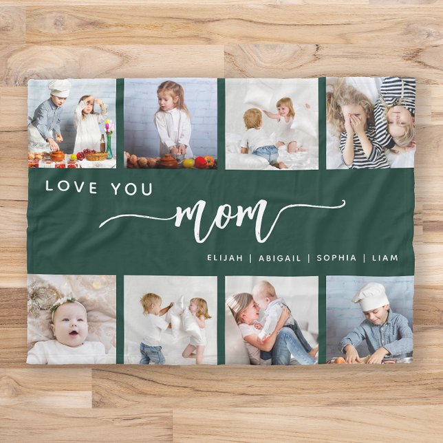 Love You Mum 8 Photo Collage Emerald Green Fleece Blanket (Creator Uploaded)