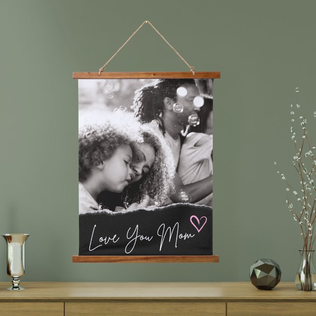 Love You Mum Black White Pink Heart Custom Photo Hanging Tapestry (Creator Uploaded)
