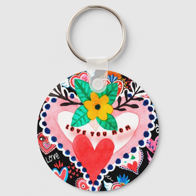 Love You Mum Colourful Mexican Hearts Mother's Day Key Ring (Front)