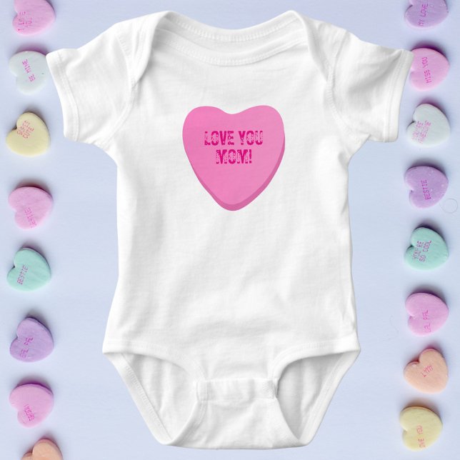 Love You Mum Custom Cute Candy Heart Pink Heart Baby Bodysuit (Pink candy heart with custom text. Cute conversation heart baby bodysuit for Valentine's Day)