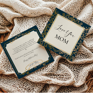 Love You Mum Elegant Navy and Gold Scrolls Card