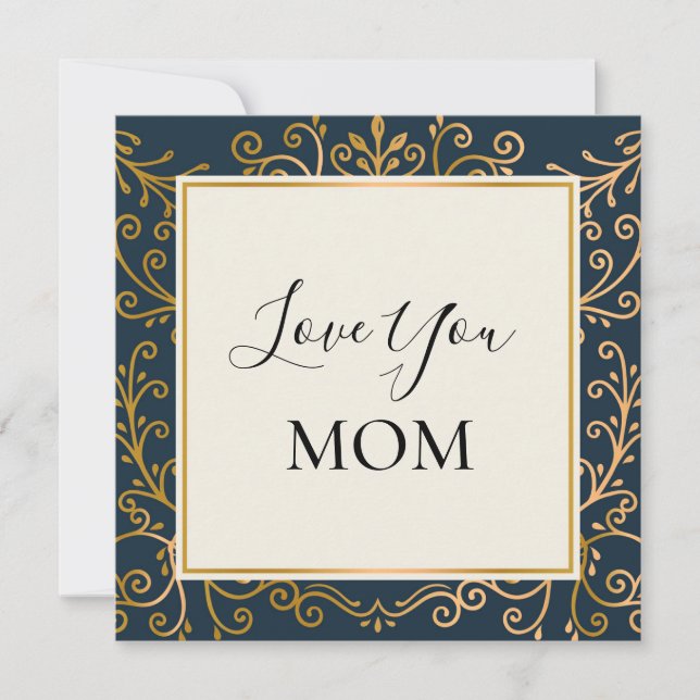 Love You Mum Elegant Navy and Gold Scrolls Card (Front)