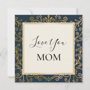 Love You Mum Elegant Navy and Gold Scrolls Card