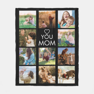 Love You Mum Family Photo Collage Black Fleece Blanket