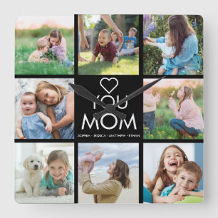 Love You Mum Family Photo Collage Heart Square Wal Wall Clock