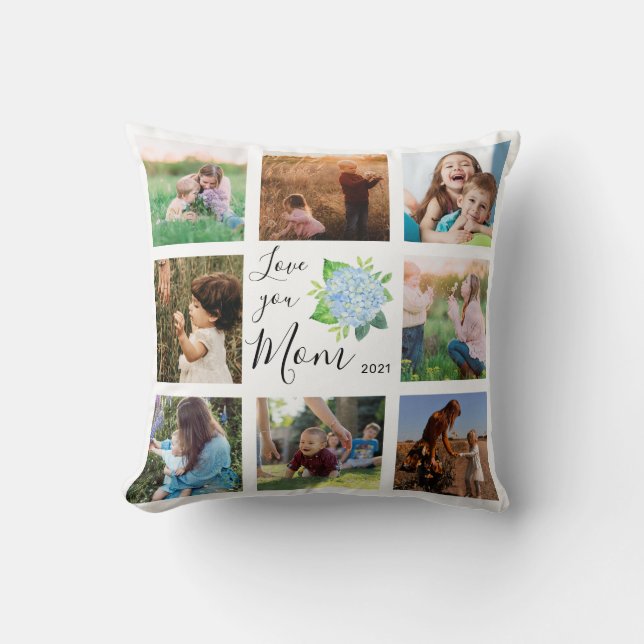 Love You Mum Family Photo Collage Hydrangea Floral Cushion (Front)