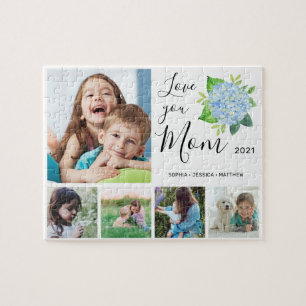 Love You Mum Family Photo Collage Hydrangea Jigsaw Puzzle