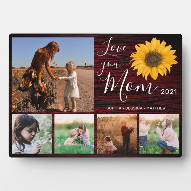 Love You Mum Family Photo Collage Rustic Sunflower Plaque (Front)