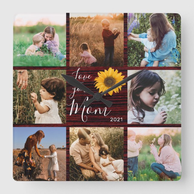 Love You Mum Family Photo Collage Rustic Sunflower Square Wall Clock (Front)