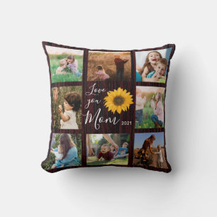 Love You Mum Family Photo Collage Sunflower Rustic Cushion