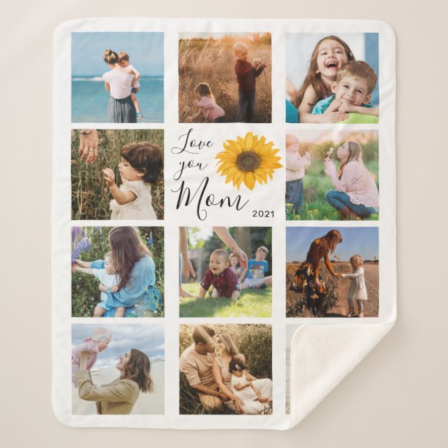 Love You Mum Family Photo Collage Sunflower Sherpa Blanket (Front)