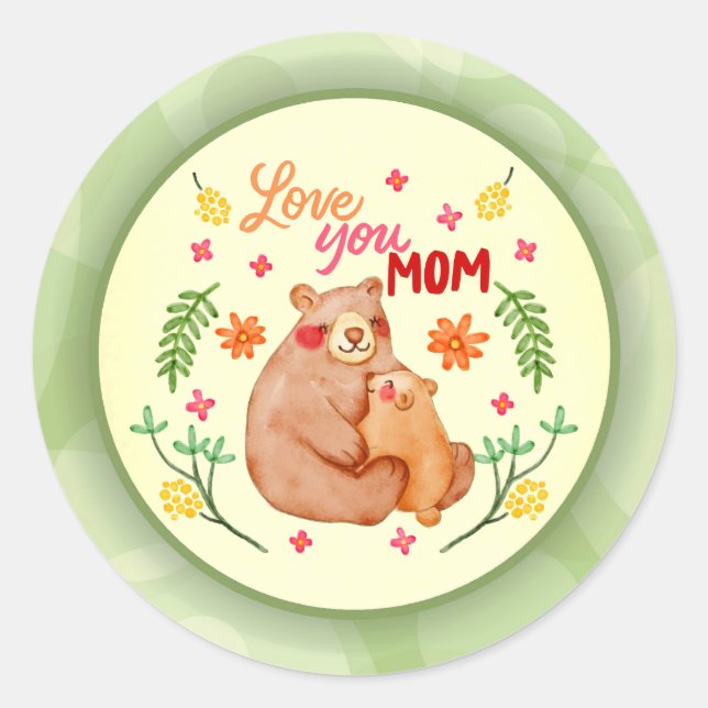 Love You Mum - Mama Bear and Cub Mother's Day Classic Round Sticker (Front)