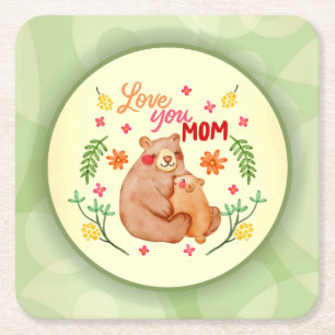 Love You Mum - Mama Bear and Cub Mother's Day Square Paper Coaster