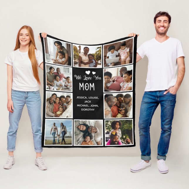 Love You Mum Photo Collage Black Fleece Blanket (In Situ)