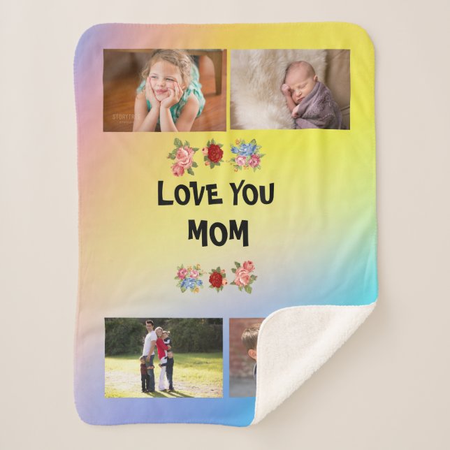 Love You, Mum Roses Pink yellow blue and 4 photos Sherpa Blanket (Front)