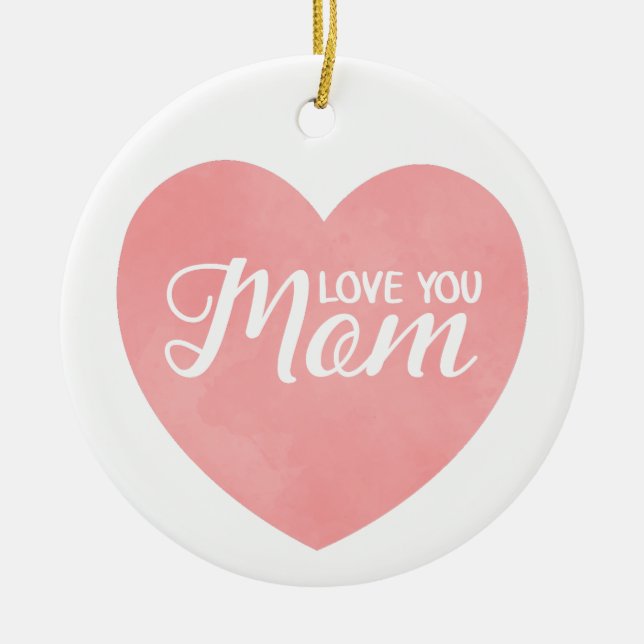 Love you mum text, mother's day pink heart ceramic tree decoration (Front)