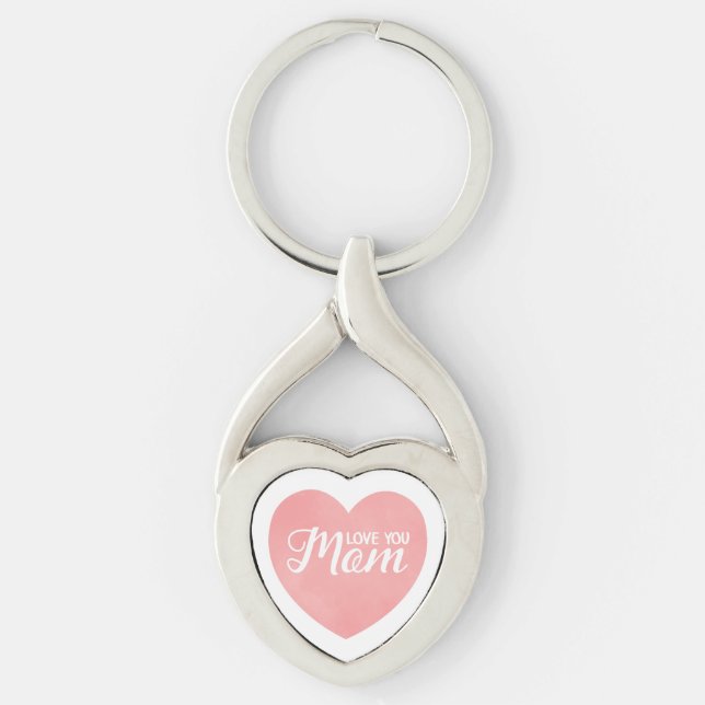 Love you mum text, mother's day pink heart key ring (Front)