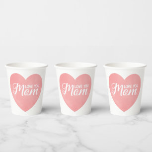 Love you mum text, mother's day pink heart paper cups