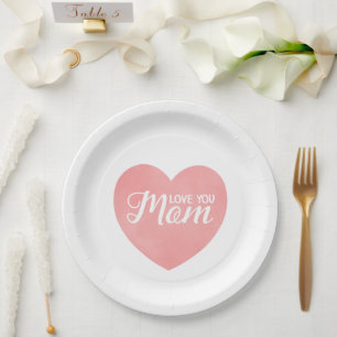 Love you mum text, mother's day pink heart paper plate