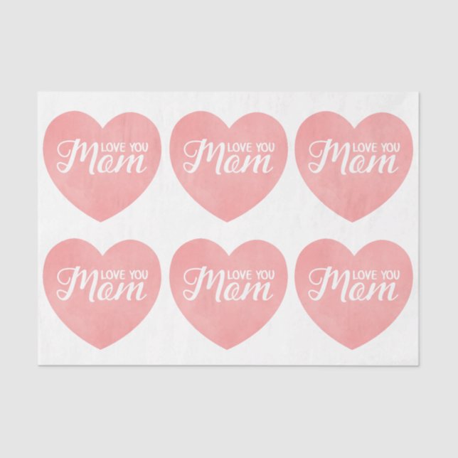 Love you mum text, mother's day pink heart tissue paper (Front)