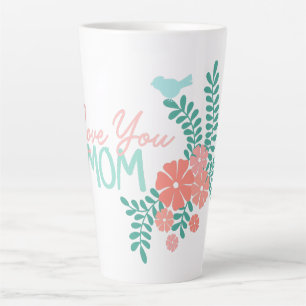 Love you mum text pink flowers and blue birds latte mug