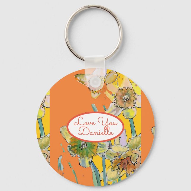 Love You Name Yellow Daffodil Watercolor Key Ring (Front)