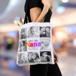 Love You Nana Colourful Bold Modern 8 Photo Collag Tote Bag<br><div class="desc">“Love you Nana.” She’s loving every minute with her grandkids. A playful, whimsical, stylish visual of colourful rainbow coloured bold typography and black handwritten typography overlay a soft, light pink heart and a white background. Add 8 cherished photos of your choice and customise the names and message, for the perfect...</div>