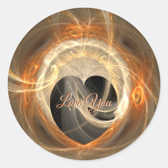 Love You | Orange Heart Swirl Fractal  Classic Round Sticker (Front)